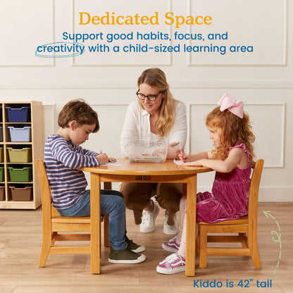 ECR4Kids 30in D Round Hardwood Table with 20in Legs and Two 10in Chairs, Kids Furniture, Honey, 3-Piece