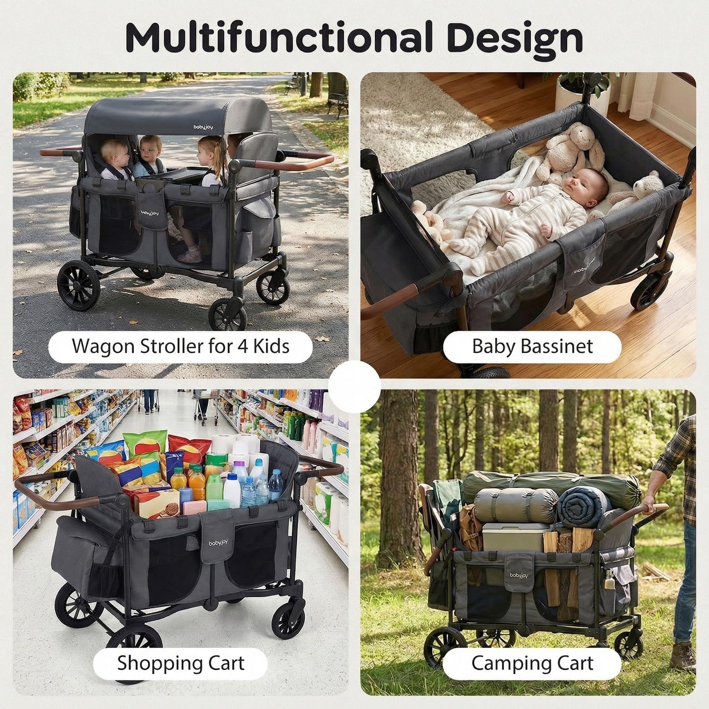 BABY JOY Wagon Stroller for 4 Kids, Foldable Stroller Wagon with Removable Canopy, Adjustable Handle, Snack Tray, Parent Organizer, 5-Point Safety Harness, Convertible Diaper Bag/Changing Pad (Gray)