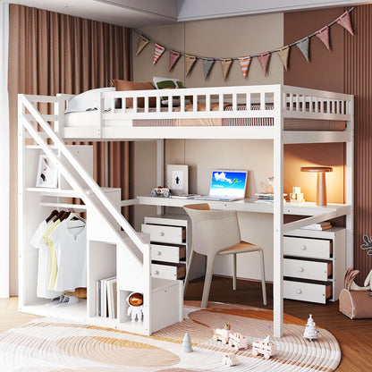 Merax Full Size Wood Loft Bed with Stairs, Built-in Desk, 2 Storage Drawers & Lights, Space Saving Bed for Teens, Adults, Study Loft Bed with Underbed Storage, White