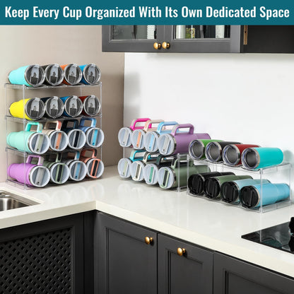 Design for Stanley 40 OZ & Large Bottles & Tumblers with Handle - Acrylic Water Bottle Organizer - Stackable Clear Wine Rack Cup Holder for Home Kitchen Pantry Shelf Countertop Cabinet, 4 Tier Hold 16