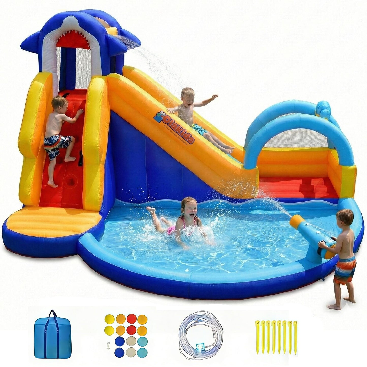 OLAKIDS Inflatable Water Slides, 14FT x 10FT x 8.5FT Shark Theme Bouncy House with Slide, Splash Pool, Climbing Wall, Water Gun, Outdoor Jumping Castle with Hose Carry Bag Stakes