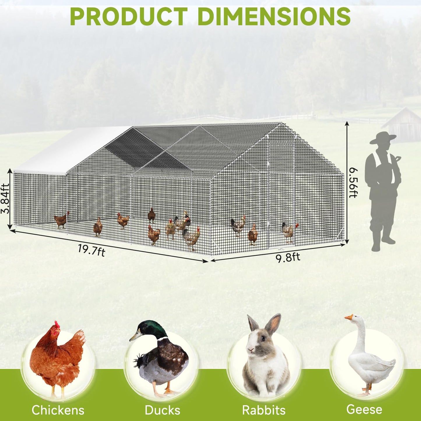 LEVELEVE Large Walk-in Chicken Coop with Chicken Run, Galvanized Poultry Enclosure with Waterproof Anti-UV Cover and Security Lock, Ideal for Rabbit, Duck, Backyard and Farm Yard, 19.7'x 9.8'x 6.6'