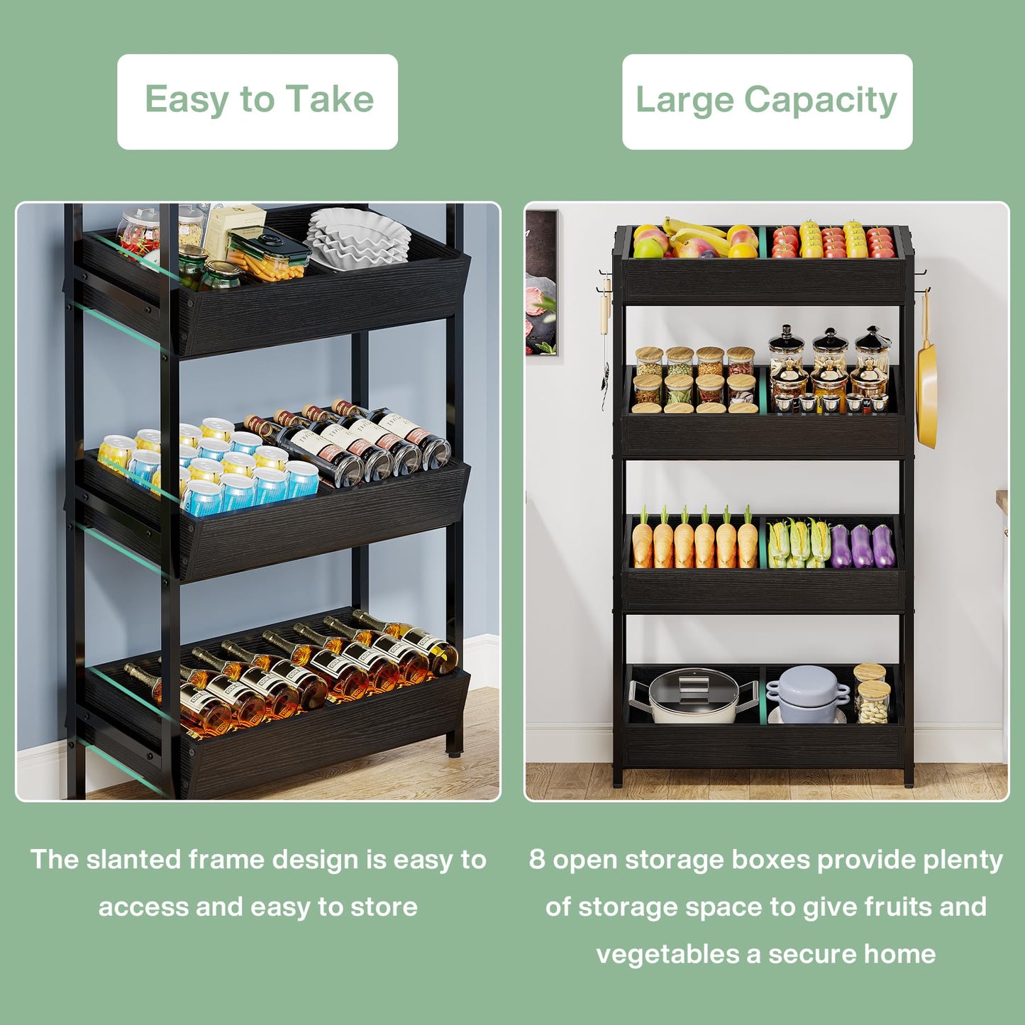 Tribesigns Wood Fruit and Vegetable Basket Stand Rack for Kitchen, Office, Store, Supremarket, Pantry Shelf Unit for Snacks, 4-Tier Wooden Utility Storage Shelves Set of 2 (Black)