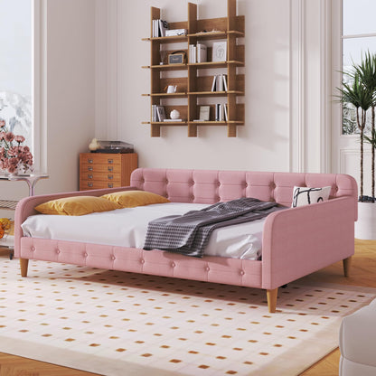 GDFStudio Full Size Upholstered Daybed with Support Legs, Linen Sofa Bed Frame with Button Tufted Sides, Wood Slat Support, No Box Spring Required, Modern Guest Bed for Bedroom or Living Room, Pink
