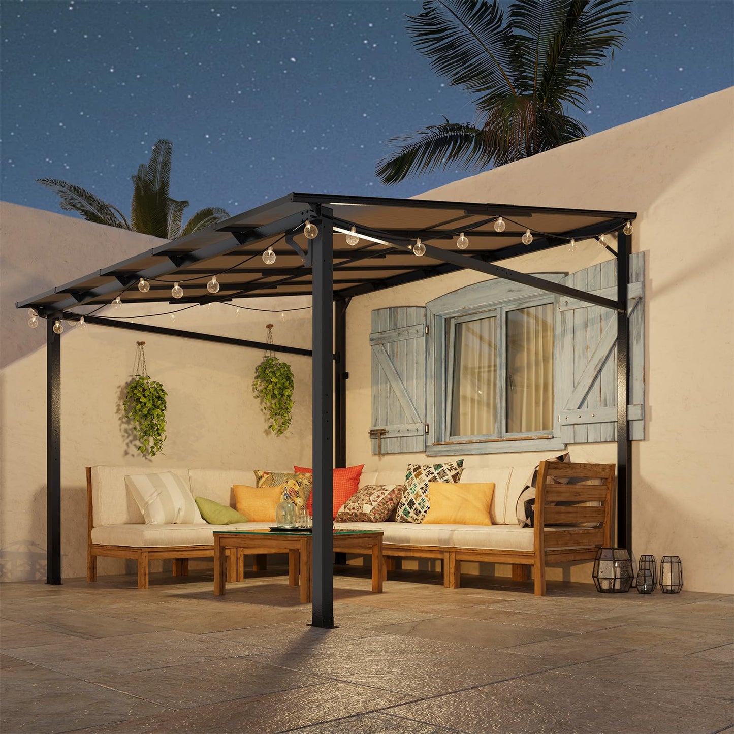 Acekool 10x10 Ft Wall Mounted Gazebo Pergola, Outdoor Lean to Gazebo Hardtop with Polycarbonate Roof, Upgraded Steel Frame Hardtop Pavilion for Patio, Garden, Lawn, Deck
