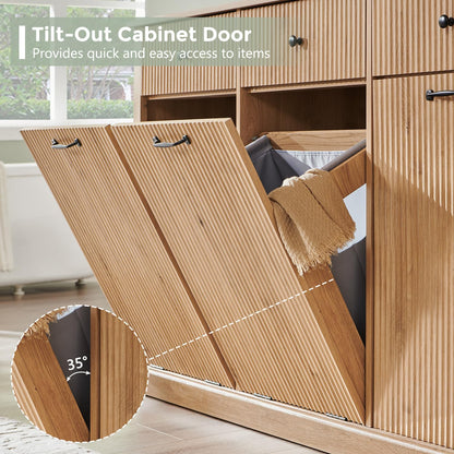 IFGET Triple Tilt Out Trash Can Cabinet, Modern Fluted Laundry Hamper Cabinet with 3 Drawers, 20 Gallon Hidden Wooden Garbage Can Cabinet w/Storage Basket & Adjustable Shelf, for Kitchen, Natural Oak