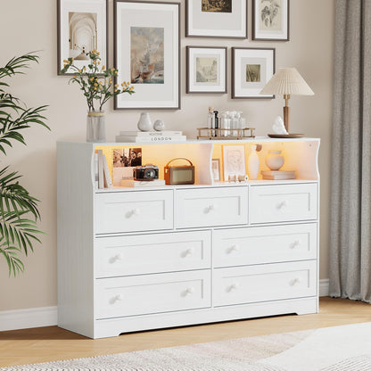 IDEALHOUSE Dresser for Bedroom with 7 Drawers, LED Lights & Charging Station, Wooden Chest with 2 Open Compartments, Freestanding Storage Organizer for Closet, Nursery, Entryway, White