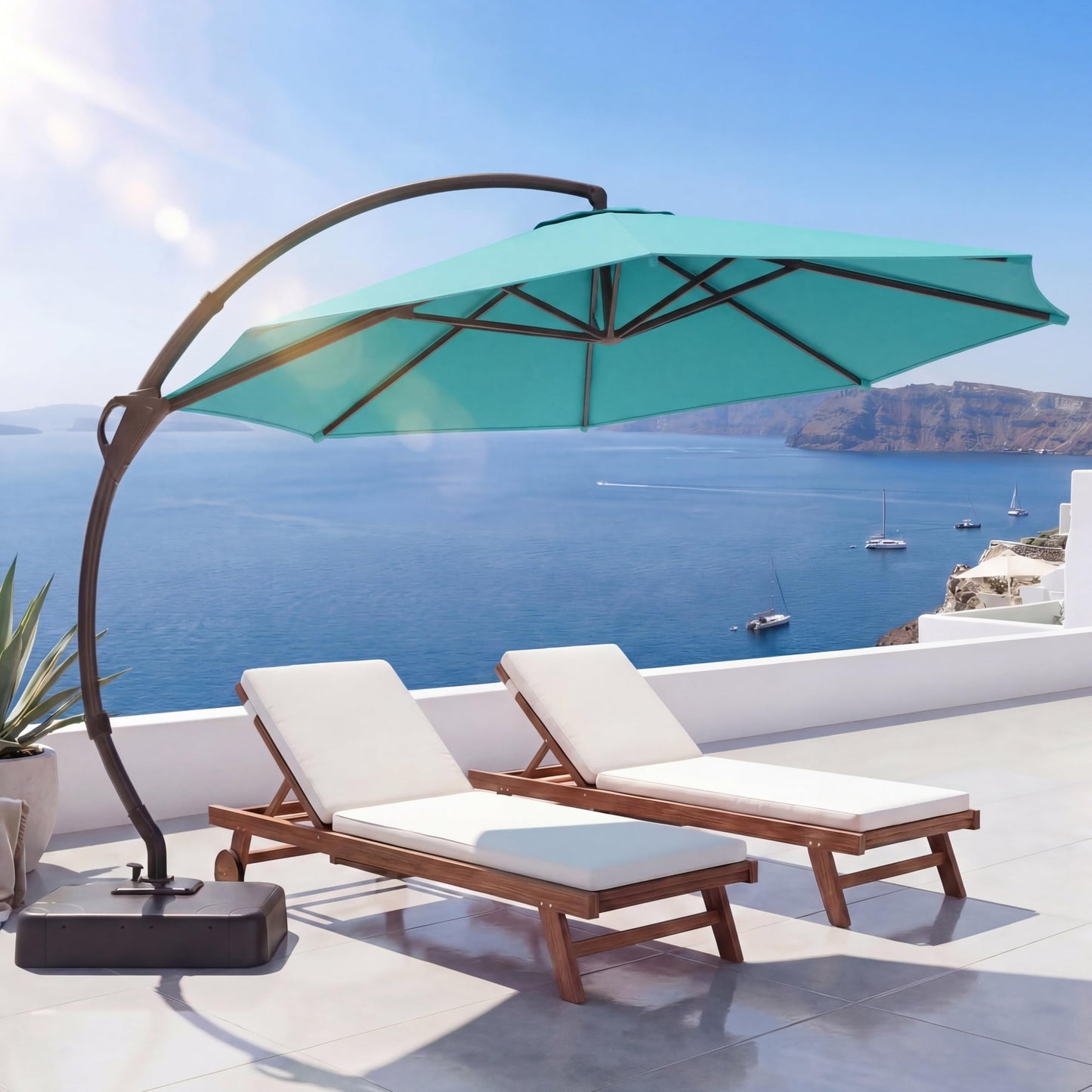 EO Living Outdoor Patio Umbrella with Base included, 11 FT Deluxe Curvy Cantilever Umbrella Heavy Duty Offset Hanging Umbrella with 360° Rotation for Pool, Garden, Backyard, Deck (Turquoise Blue)