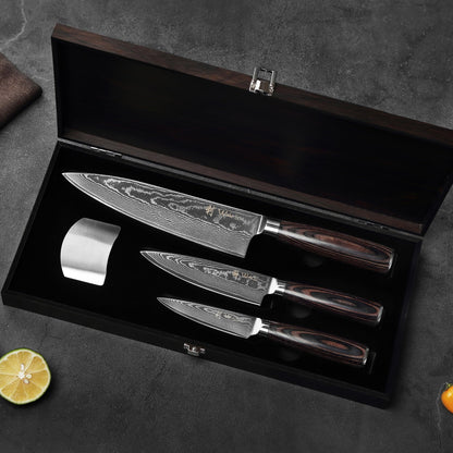 Wakoli EDIB Essentials 3-Piece Damascus Knife Set – Professional Chef's Knives with VG10 Core & 67-Layer Damascus Steel Blades, Ergonomic Pakkawood Handles – Premium Kitchen Knives in Elegant Gift Box
