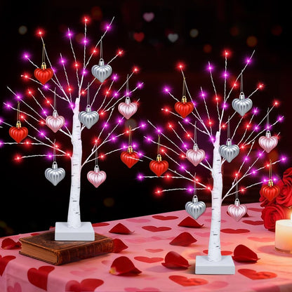 [Timer] Valentines Day Decorations Indoor 2 Pack 24 Inch Valentines Tree with 65 Red & Pink Lights 18 Hearts, USB & Battery Operated Valentines Decor, Valentines Day Decorations for Home Table Bedroom