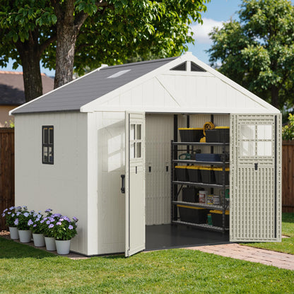 Greesum 10×8FT Plastic Outdoor Storage Shed with Floor and Lockable Door, Resin Sheds with Windows and Skylights, Organization for Garden, Backyard, Pool Supplies, Beige