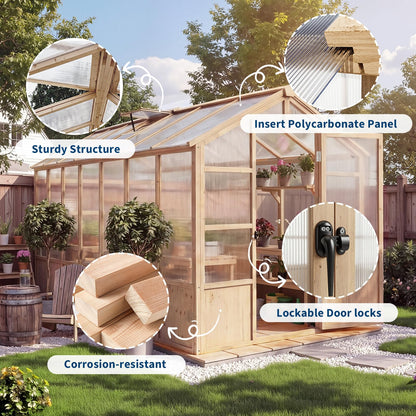 Wooden Greenhouse Kit with 4mm Polycarbonate Panels & 2 Adjustable Ventilation - Heavy Duty Wood Large Outdoor Greenhouse with Lockable Door for Garden, Backyard, Patio, Lawn Walk-in Green House