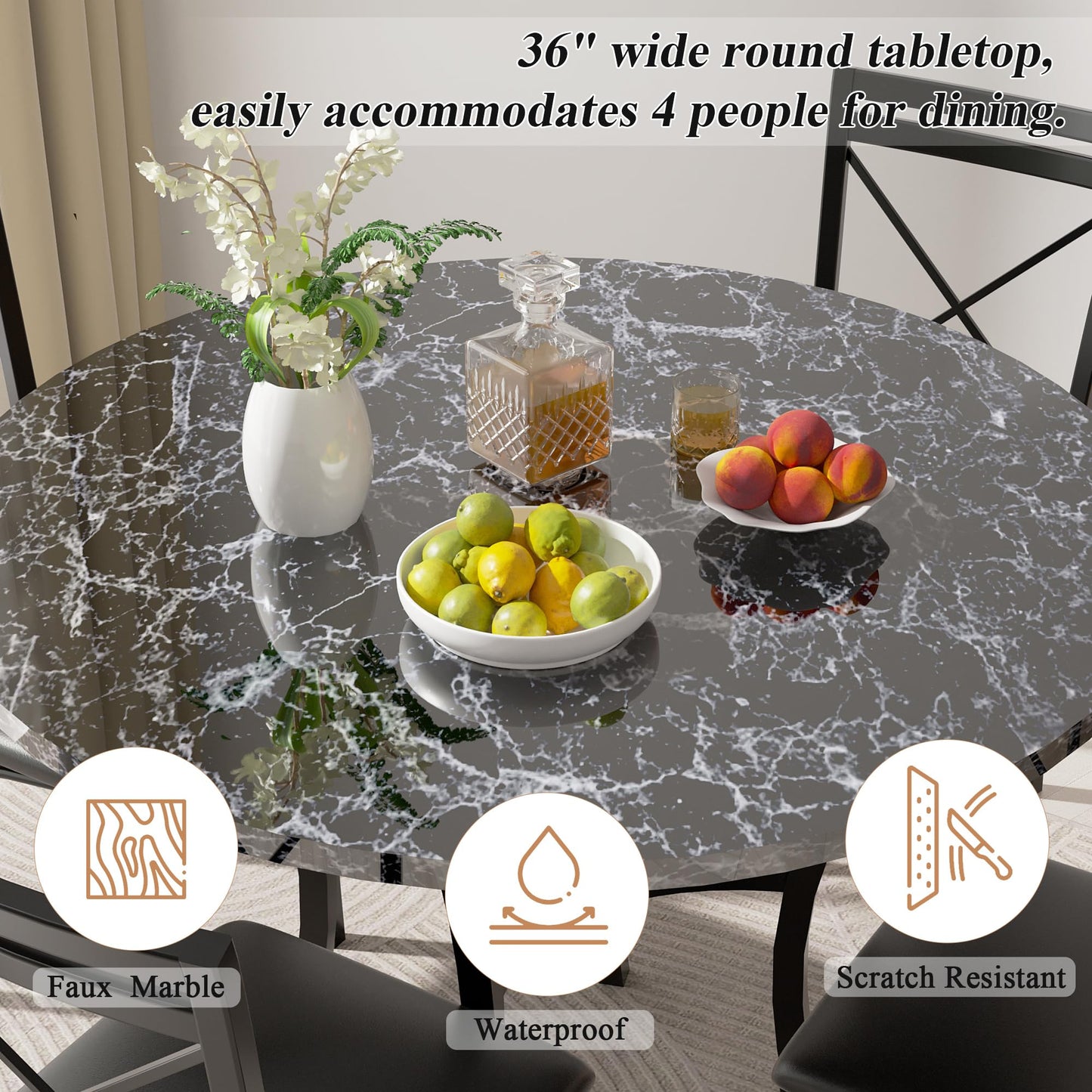VECELO 5 Piece Dining Table Set for 4, Faux Marble Dinette with Chairs for Kitchen, Breakfast Nook, Small Space, Pure Black