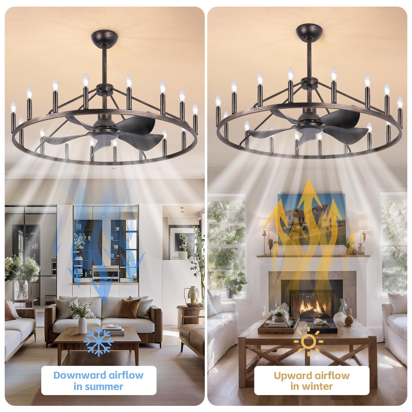 COCOSTAR 44" Antique Bronze Wagon Wheel Chandelier Farmhouse Ceiling Fan with Light and Remote,16-Lights Large Fandelier with Candle,Rustic Big Light Fixture for Living Room Kichen Dining Room