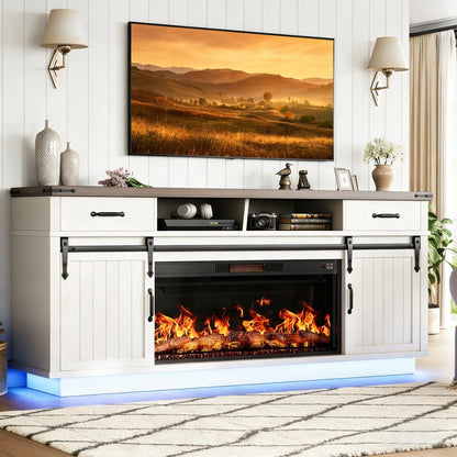 Jocoevol 70'' Fireplace TV Stand with 36‘’ Electric Fireplace, Tall Farmhouse TV Stand for 65/75 Inch TV, Entertainment Center TV Console with 2 Drawers, Sliding Barn Door for Living Room - White