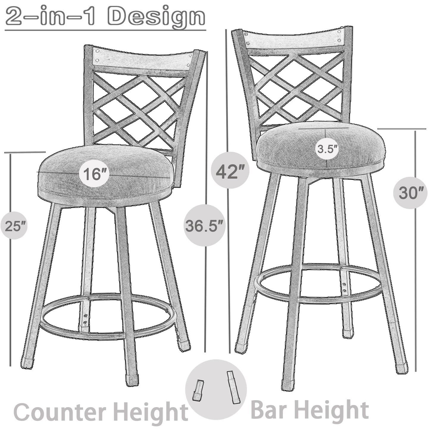 KORZEY Swivel Bar Stools Set of 4, 25/30 Inch Adjustable Black PU Leather Bar Chair with Black Frame, Mid-Century Upholstered Counter Barstools with Backs