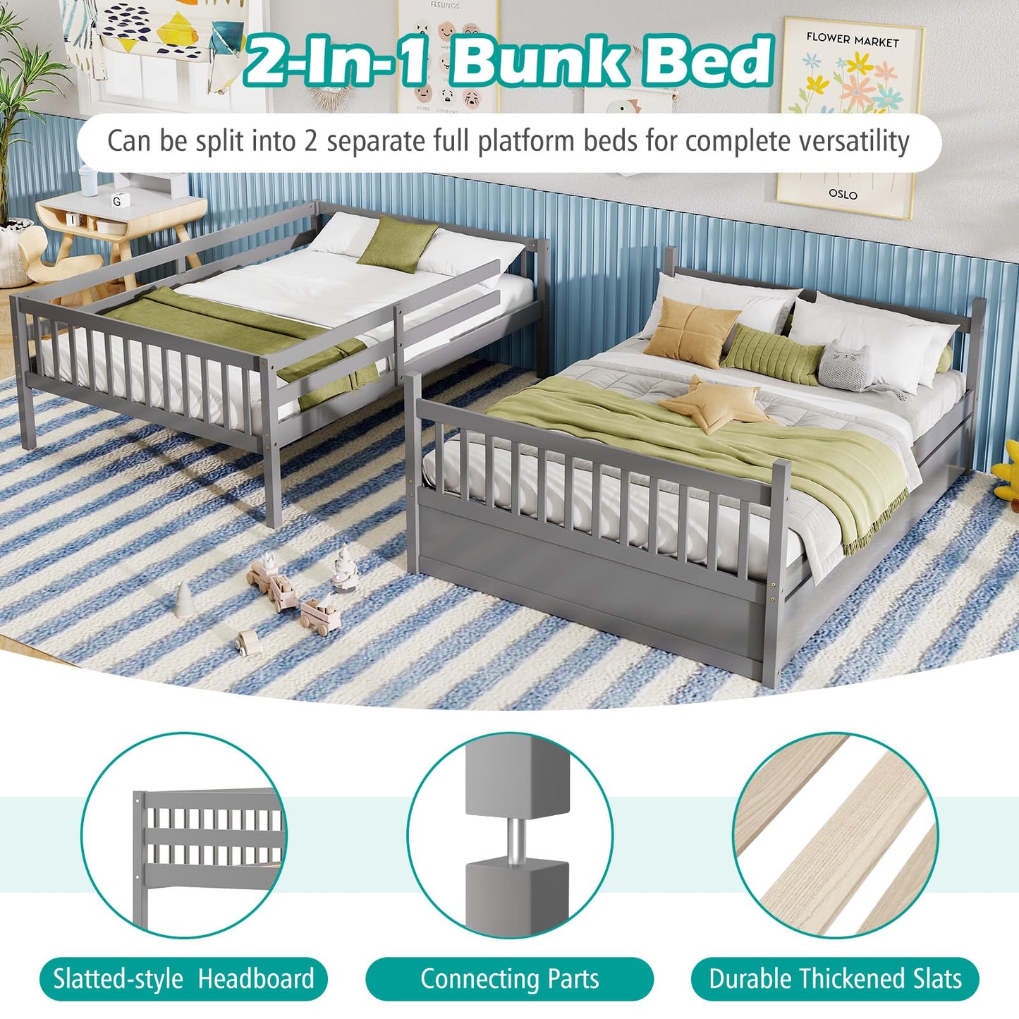 Giantex Full Over Full Bunk Bed with Trundle, Solid Wood Trundle Bed Frame w/Guardrails and Ladder, Convertible to 2 Beds, Full Size Bunk Beds for Adults Kids Teens, No Box Spring Needed, Grey