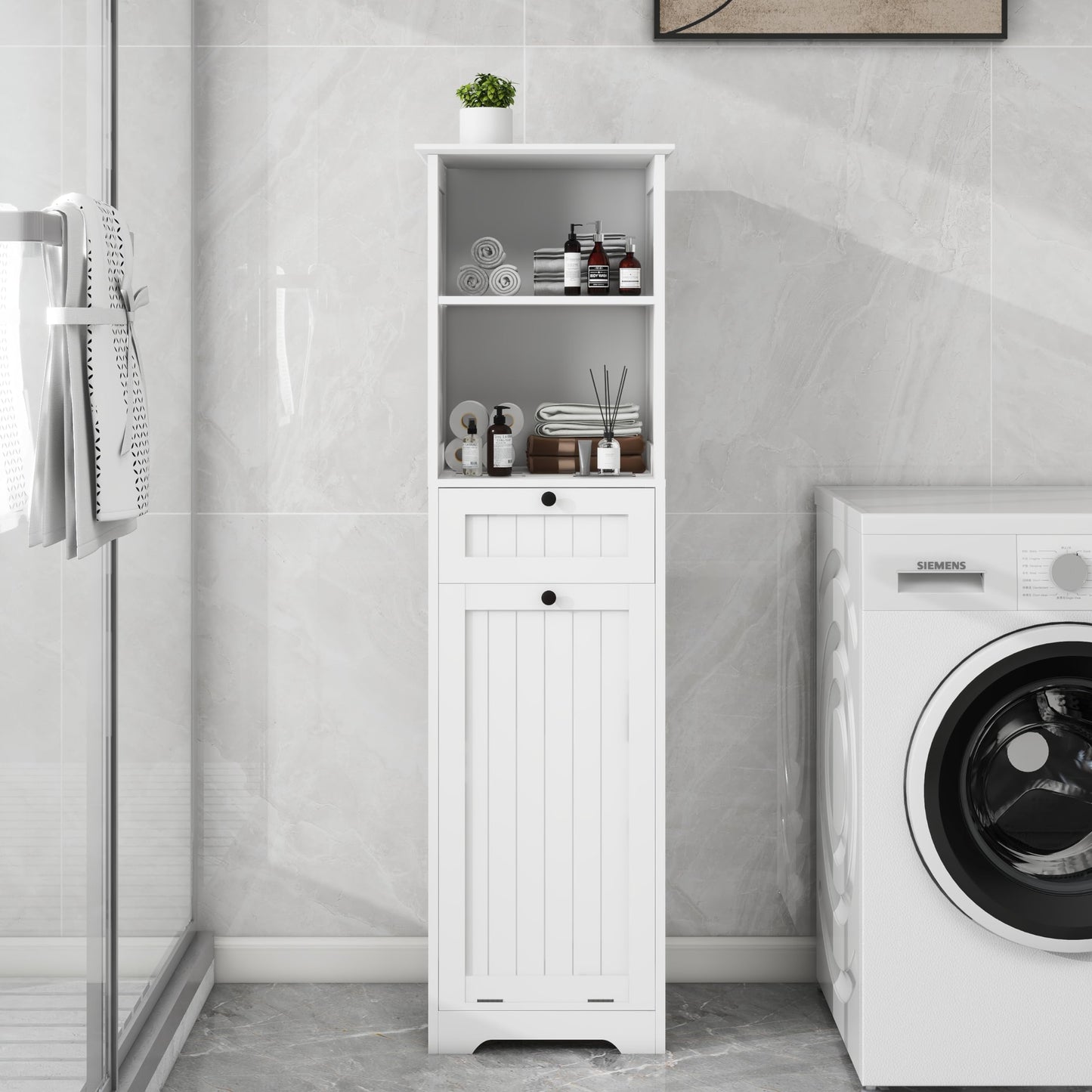 One Compartment One Drawer Tilt Out Laundry Sorter Cabinet White