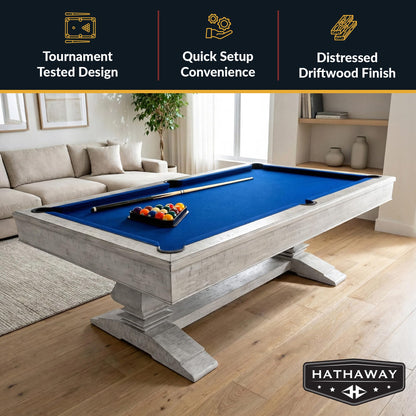 Hathaway Montecito 8ft Pool Table for Game Room – Billiard Table with Poly-Coated Non-Slate Playfield, Drop Pockets, Leg Levelers – Includes Cues, Pool Balls, Chalk, Triangle, Brush – Driftwood Finish