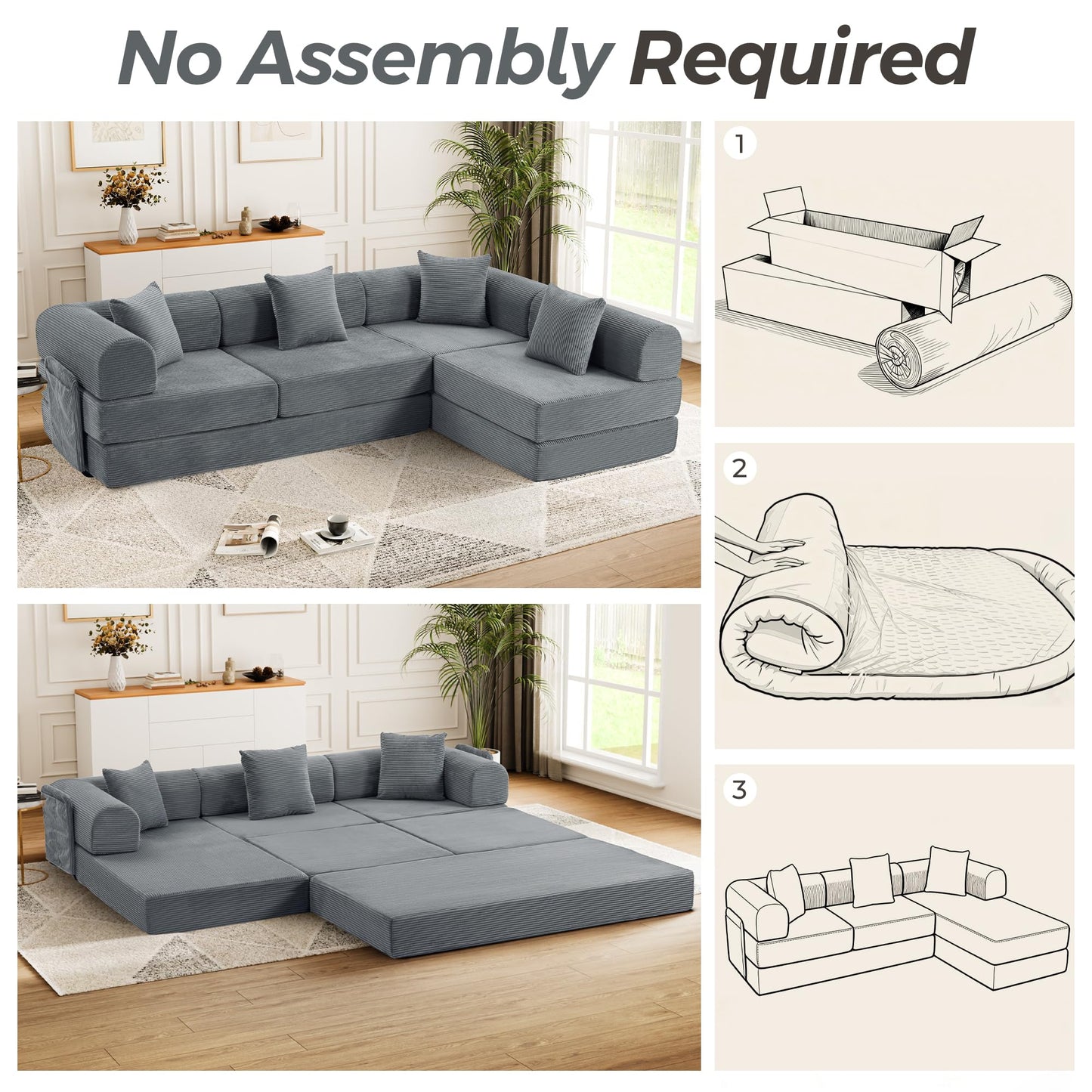 Trygoal 106.3" Oversized Convertible Sleeper Sofa Bed, L Shape Modular Sectional Cloud Sofa with Fixed-Shape Frame, Boneless Couch with Storage Pocket for Living Room, No Assembly Required, Gray