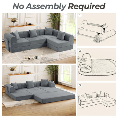 Trygoal 106.3" Oversized Convertible Sleeper Sofa Bed, L Shape Modular Sectional Cloud Sofa with Fixed-Shape Frame, Boneless Couch with Storage Pocket for Living Room, No Assembly Required, Gray