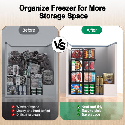 MSERCUOR Freezer Organizer Bins, 4 Pack Stackable Deep Chest Freezer Organizer Bins, Foldable Baskets with Handles, Black Storage Container Baskets for 5/ 7 Cu.FT Deep Freezer Sort Frozen Meats