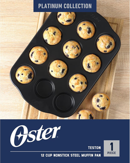 Oster Teston 12-Cup Muffin Pan - Nonstick Carbon Steel Bakeware | PFAS-Free, Easy Release, Matte Black