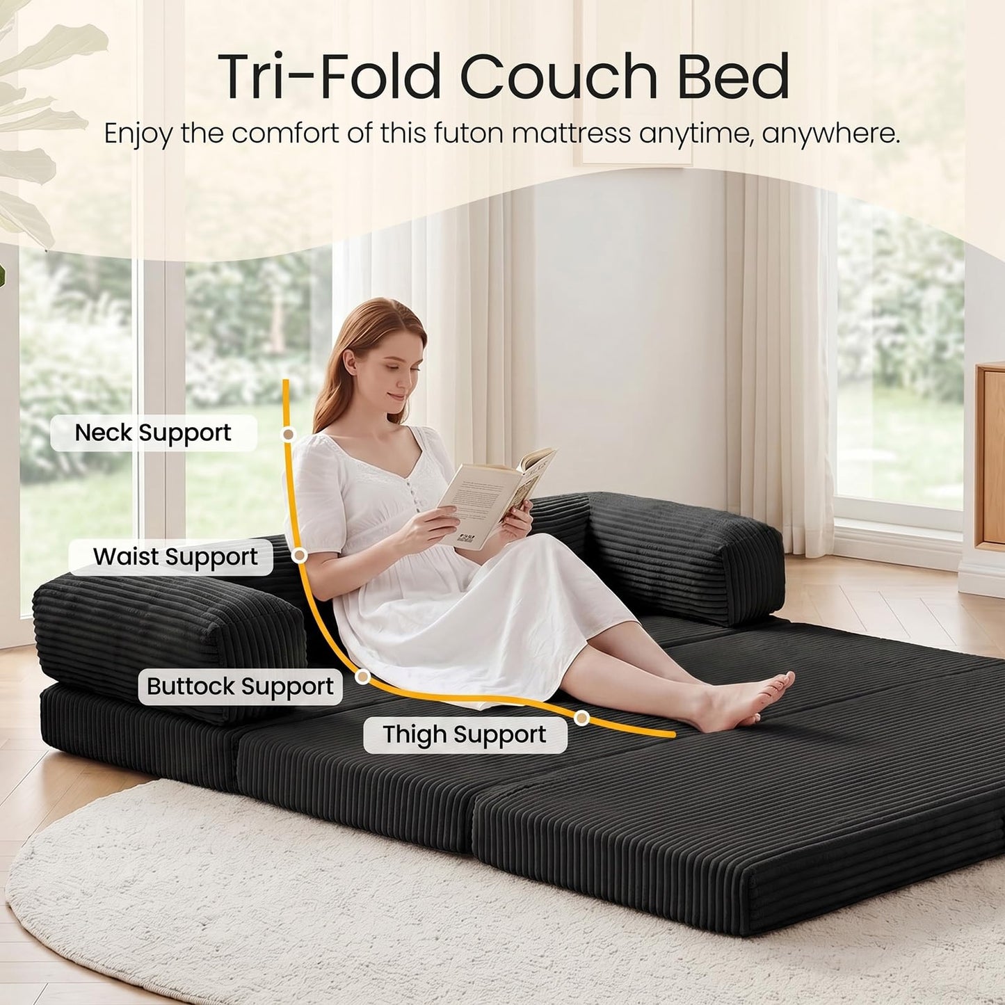 Erament Convertible Sofa Bed, Tri-Folding Mattress Queen Futon Couch Bed, Boneless Sleeper Couch Bed with Removable Armrests & Washable Cover for Guest Room, Living Room, Queen, Black