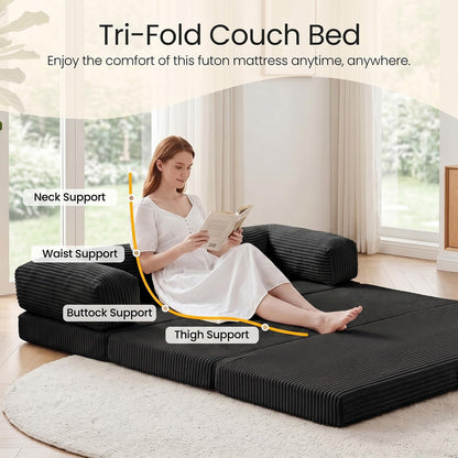 Erament Convertible Sofa Bed, Tri-Folding Mattress Queen Futon Couch Bed, Boneless Sleeper Couch Bed with Removable Armrests & Washable Cover for Guest Room, Living Room, Queen, Black