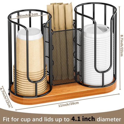 Coffee Cup and Lids Holder - Disposable Cups Straws Organizer with Wooden Base - Paper Plastic Cup Holder Dispenser Storage for Countertop Coffee Station Bar Restaurant Office Breakroom Shop Kitchen
