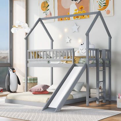 Bellemave Twin Over Full Bunk Bed with Slide and Built-in Ladder, House Shaped Solid Wood Bunk Beds with Full-Length Guardrail for Kids,Teens, Adults, No Box Spring Required, Gray