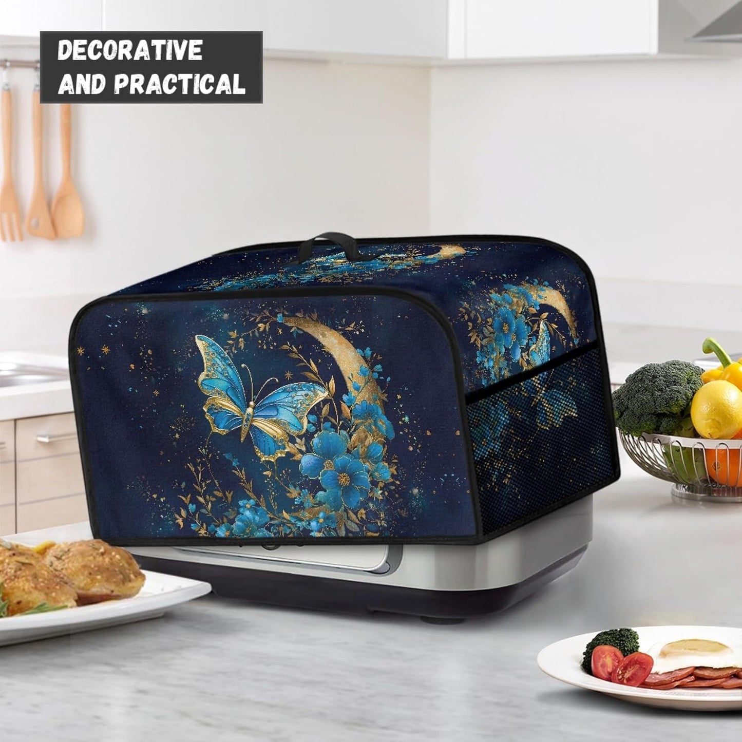 Blue Butterfly Slow Cooker Cover for Most 6-8 Quart Oval Crock Pots - Moon Flower Kitchen Decor, Machine Washable