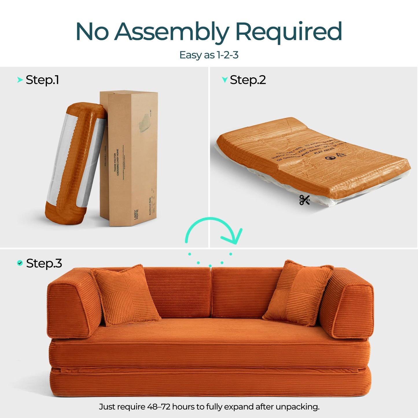 LINSY HOME Sofa Bed Couch - Convertible Boneless Couch Bed with 2 Pillow (Orange)