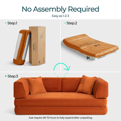 LINSY HOME Sofa Bed Couch - Convertible Boneless Couch Bed with 2 Pillow (Orange)