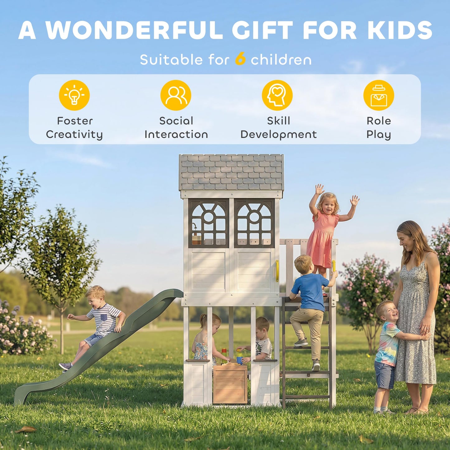 Qaba Two-Story Outdoor Wooden Playhouse for Kids with Slide, Picnic Table & Bench, Play Kitchen, Ladder, Lookout Platform for Age 2+ Backyard Play, White