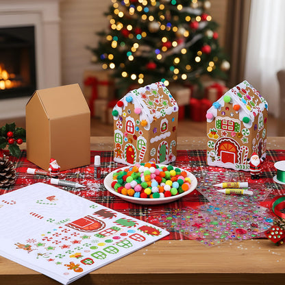 Dianelhall 24 Sets Christmas Gingerbread House Cardboard DIY Gingerbread House Craft Kits with Pom Poms Stickers for Christmas Holiday Party Favors Supplies Decorations Xmas Home Game Activities