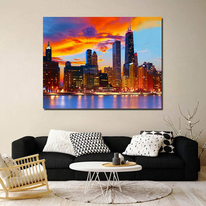 Canvas Wall Art - Chicago Skyline at Dusk, Modern Gallery Decor, Stretched and Framed 12" x 16"