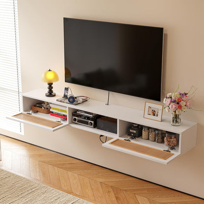 FurniNova 70" Floating TV Stand with Rattan Doors,Boho Wall Mounted Media Console Entertainment Center with 3 Cabinets,White