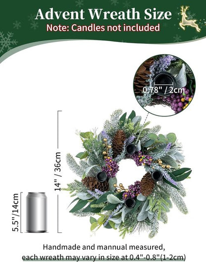 BLOSMON Advent Wreath - 14-Inch Christmas Candle Holder Ring for Festive Table Decor | Pine Berry Design