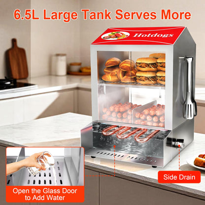 ZMRTDWO Hot Dog Steamer, 28.5QT 2-Tier Commercial Hot Dog Machine with Bun Warmer, 86°F~185°F Adjustable, 175 Hot Dogs & 40 Buns, Stainless Steel Hot Dog Bun Warmer with Tempered Glass Slide Doors