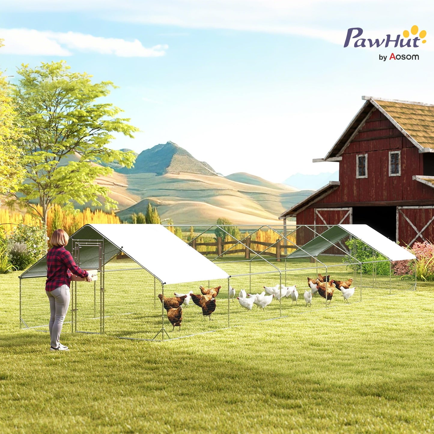PawHut Large Chicken Coop Metal Chicken Run for Chickens with Waterproof and Anti-UV Cover, Spire Shaped Walk in Fence Cage Hen House for Outdoor and Yard Farm Use, 1" Dia, 39' x 10' x 6.4'