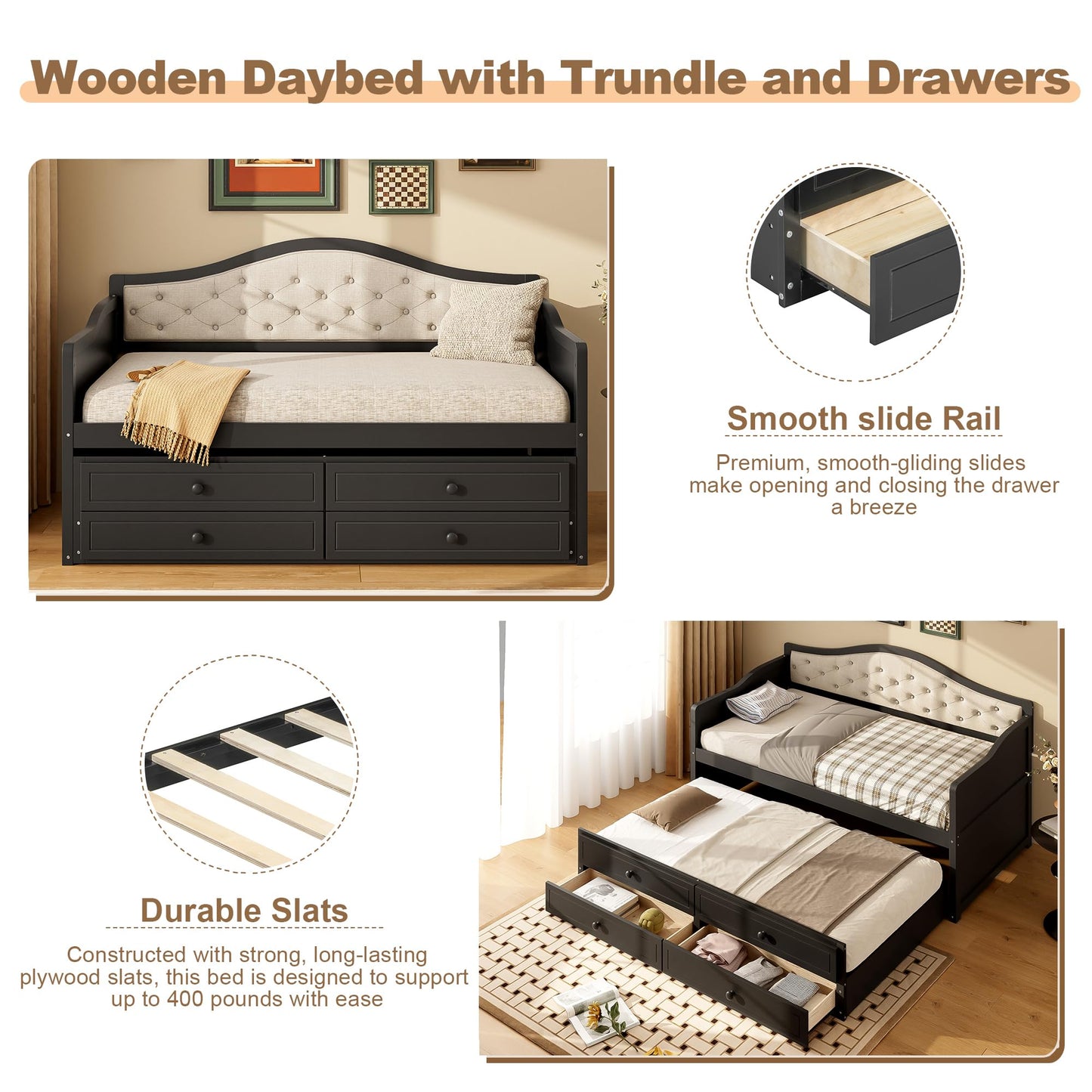 GDFStudio Twin Daybed with Trundle and 2 Storage Drawers, Upholstered Button Tufted Wooden Daybed Sofa Bed, Twin Size Pull Out Trundle Bed Frame for Living Room Bedroom Guest Room, Black