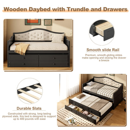 GDFStudio Twin Daybed with Trundle and 2 Storage Drawers, Upholstered Button Tufted Wooden Daybed Sofa Bed, Twin Size Pull Out Trundle Bed Frame for Living Room Bedroom Guest Room, Black