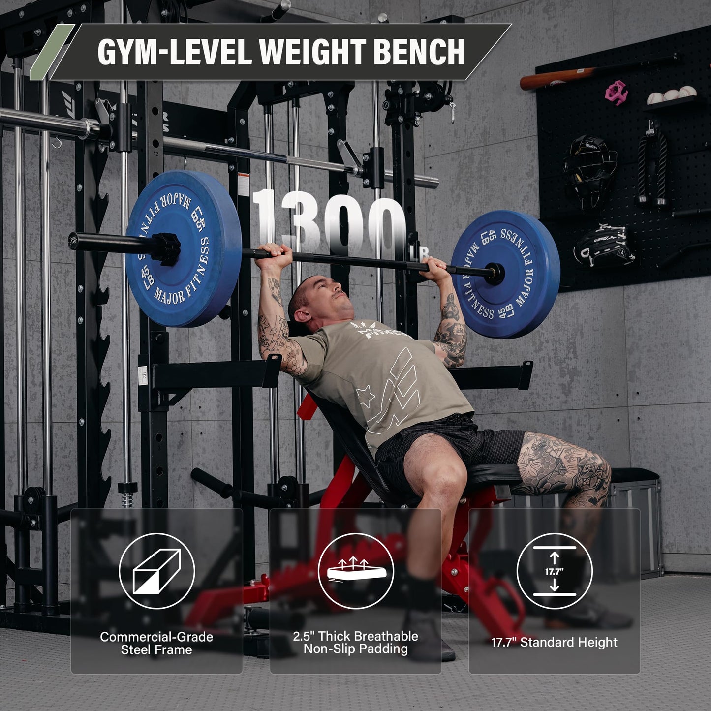 MAJOR FITNESS Adjustable Weight Bench (Elite Version) - 1300LB Capacity, 32 Positions for Strength Training, Bench Press, and Full-Body Workouts for Home or Garage Gym, Red