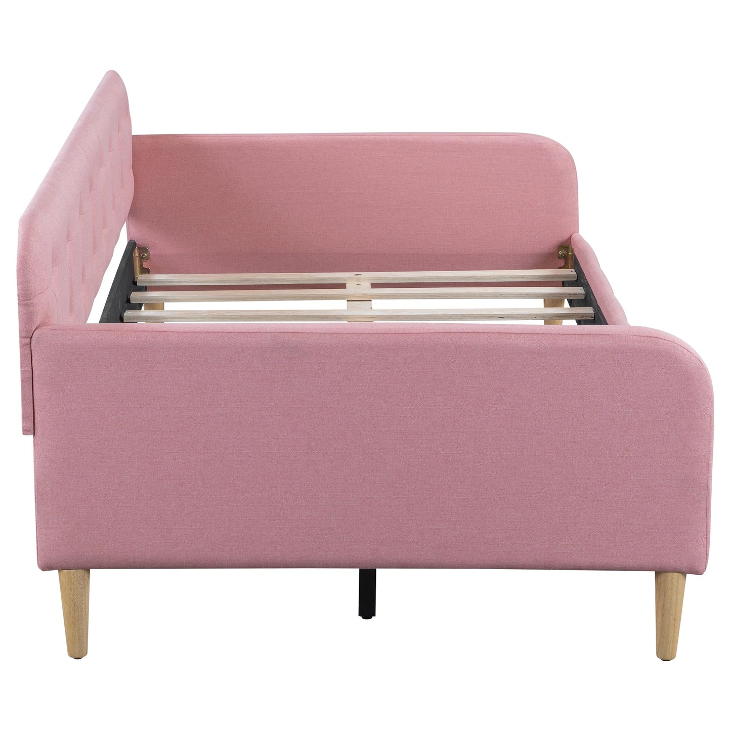 Bellemave Twin Upholstered Daybed with 4 Support Legs, Corner Bed, Upholstered Bedframe for Kids,Teens,Adults, Pink (Linen)