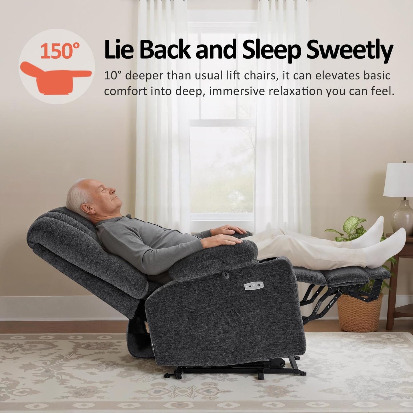 MCombo Power Lift Recliner Chair for Elderly, Lift Chair with Heat and Massage, USB &Type C Ports, Cup Holders, Fabric 7095 (Medium, Dark Grey)