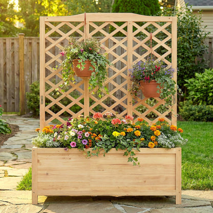 UrGROWA Wooden Raised Garden Bed with Trellis, Freestanding Planter Box with Drainage for Vines Climbing Plants Flowers Herbs, Elevated Gardening Planter for Backyard Balcony Patio