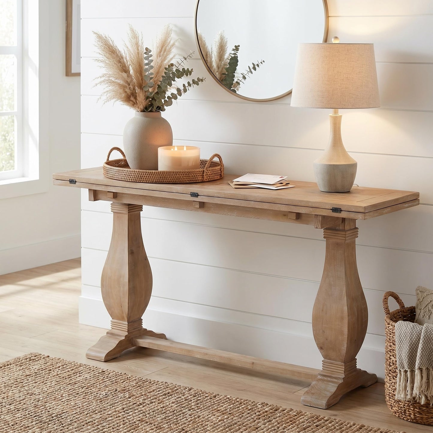 Martin Svensson Home Napa Solid Wood Pedestal Flip-Top Sofa Console Table, Driftwood