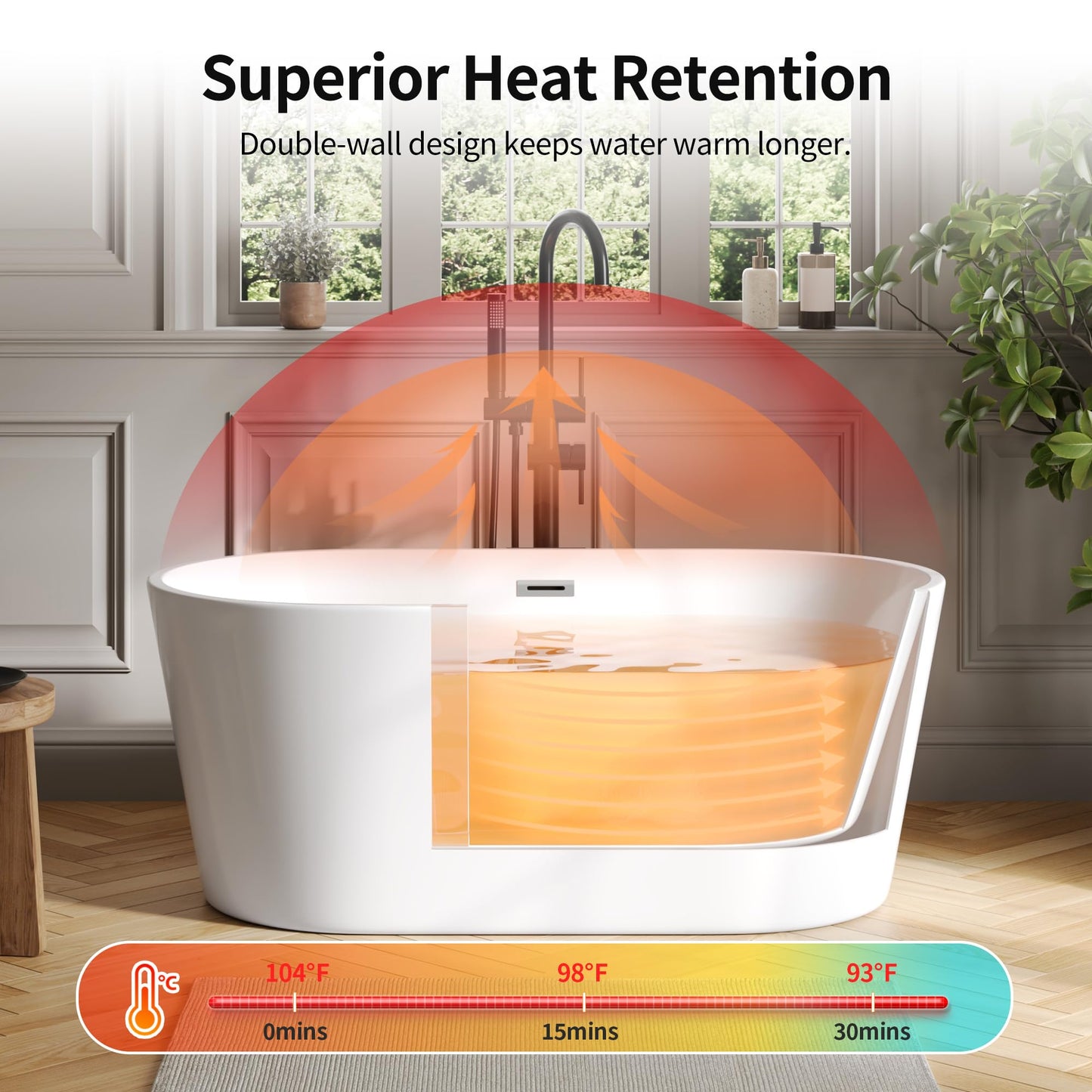 DeerValley 55" Acrylic Freestanding Bathtub, Deep Soaking Tub with Center Drain & Integrated Overflow, White Standalone Shower Tub Ergonomic Design, DV-1T0582