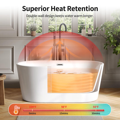 DeerValley 55" Acrylic Freestanding Bathtub, Deep Soaking Tub with Center Drain & Integrated Overflow, White Standalone Shower Tub Ergonomic Design, DV-1T0582